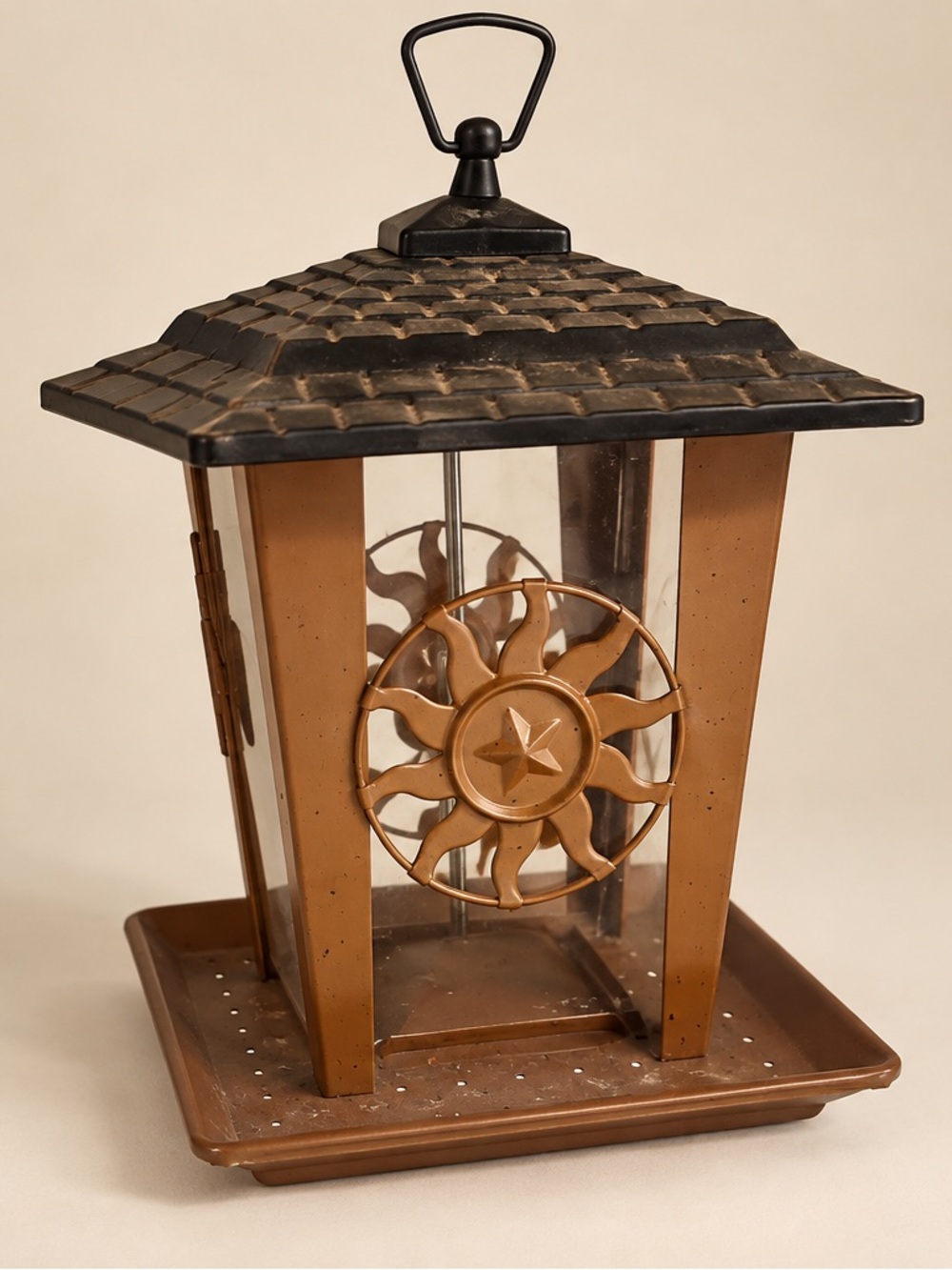 Bronze Sun Motif Metal Lantern with Black Roof
